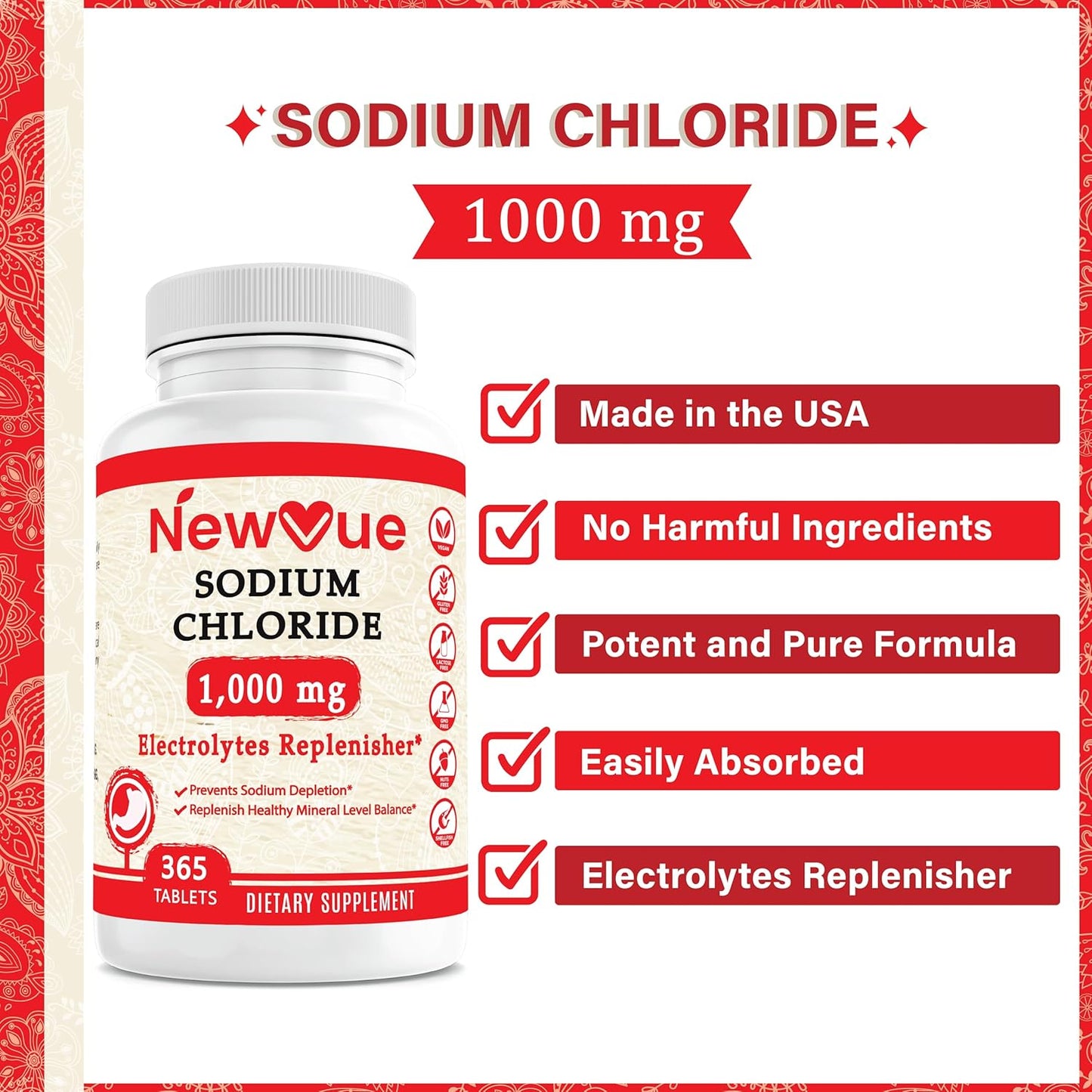 365 Newvue Sodium Chloride 1000mg Tablets - Non-GMO & Gluten Free Salt Tablets for Electrolyte Replacement and Hydration