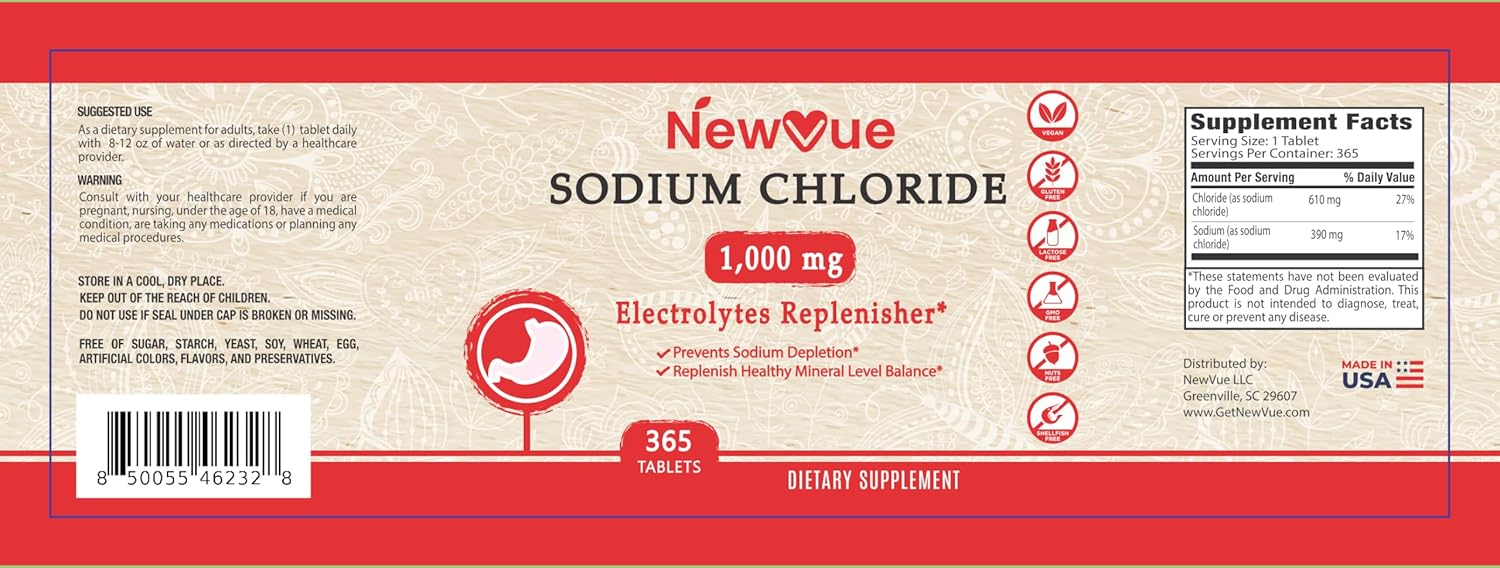 365 Newvue Sodium Chloride 1000mg Tablets - Non-GMO & Gluten Free Salt Tablets for Electrolyte Replacement and Hydration