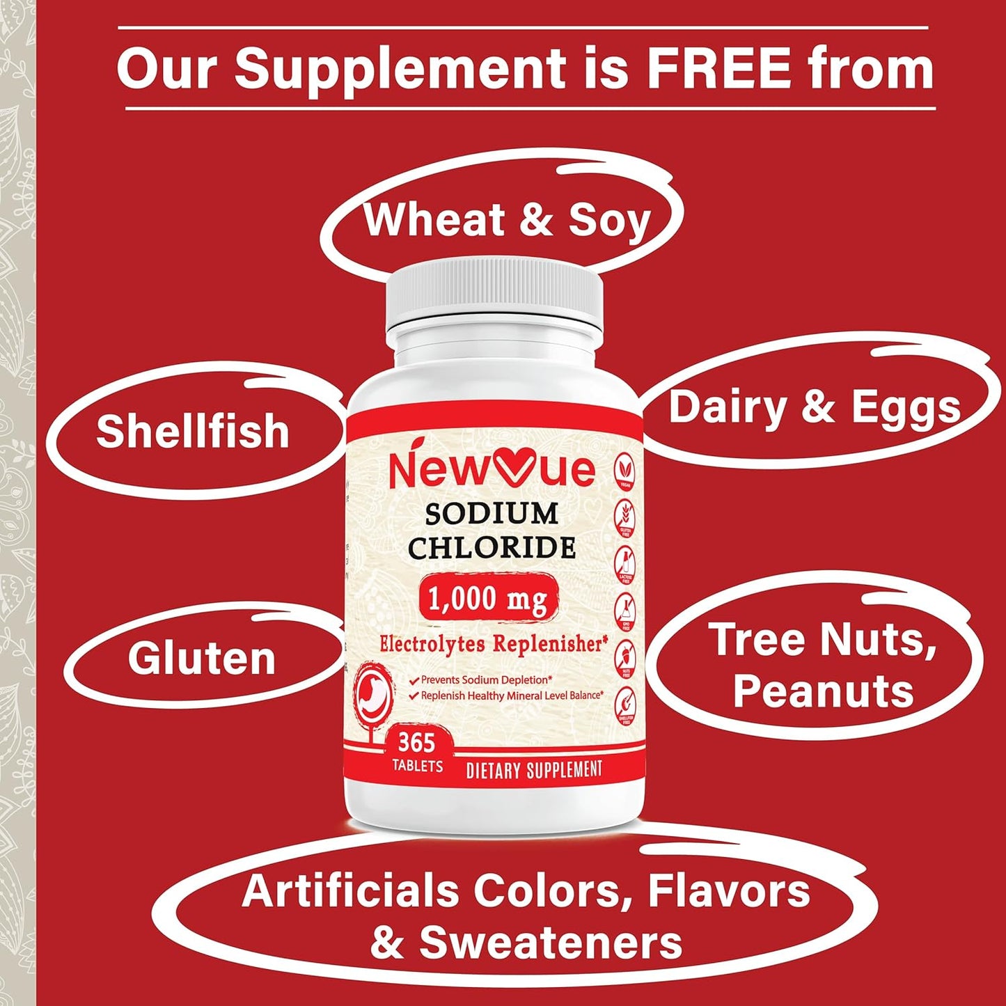 365 Newvue Sodium Chloride 1000mg Tablets - Non-GMO & Gluten Free Salt Tablets for Electrolyte Replacement and Hydration