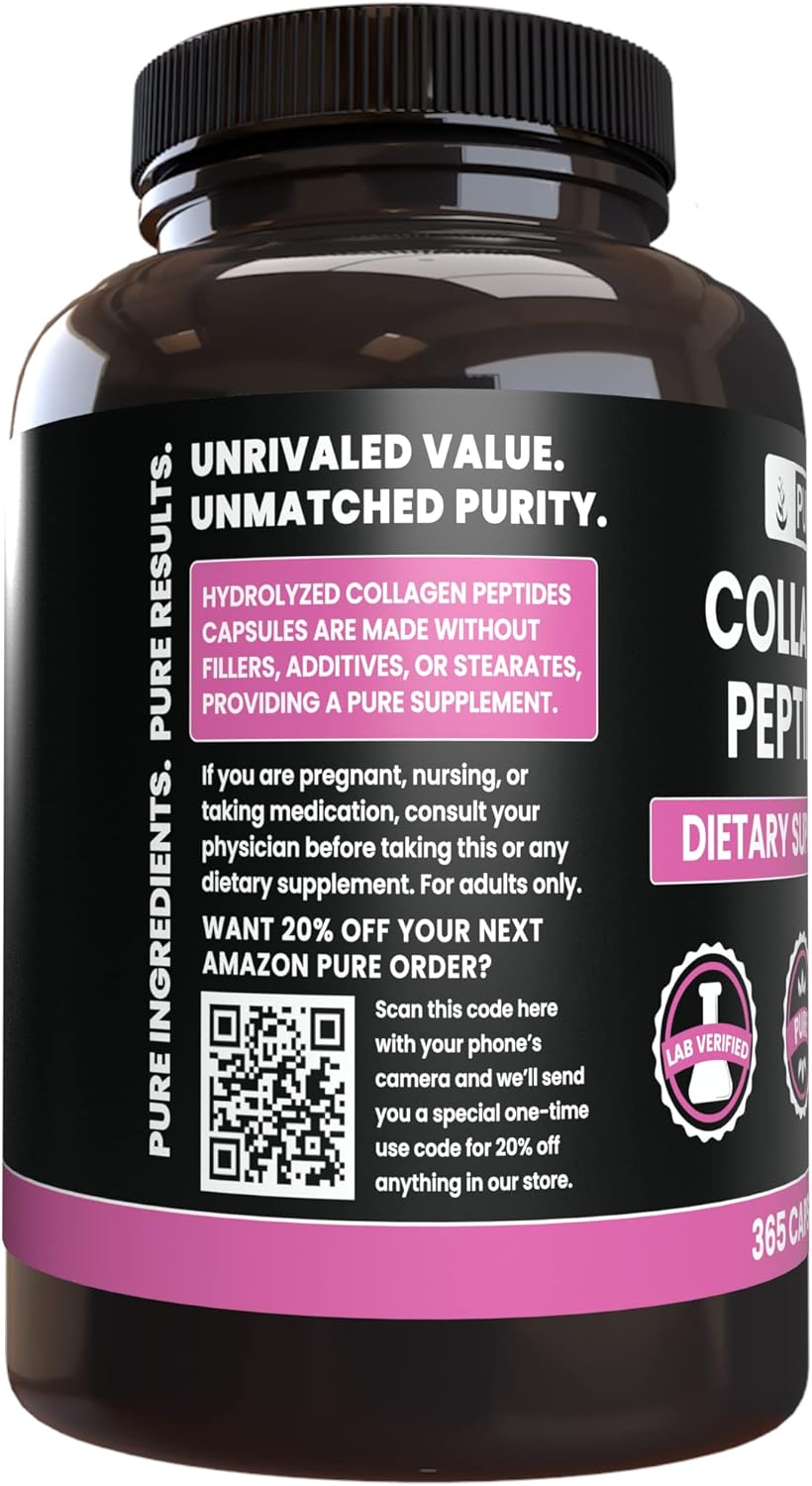365 Pure Collagen Peptides Capsules, No Magnesium or Rice Fillers, Lab Verified Quality