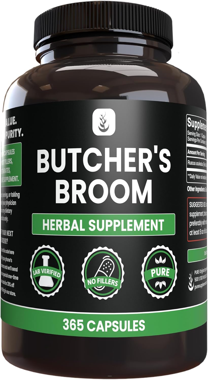 365 Pure Original Butcher's Broom Capsules - No Magnesium or Rice Fillers - Lab Verified Quality