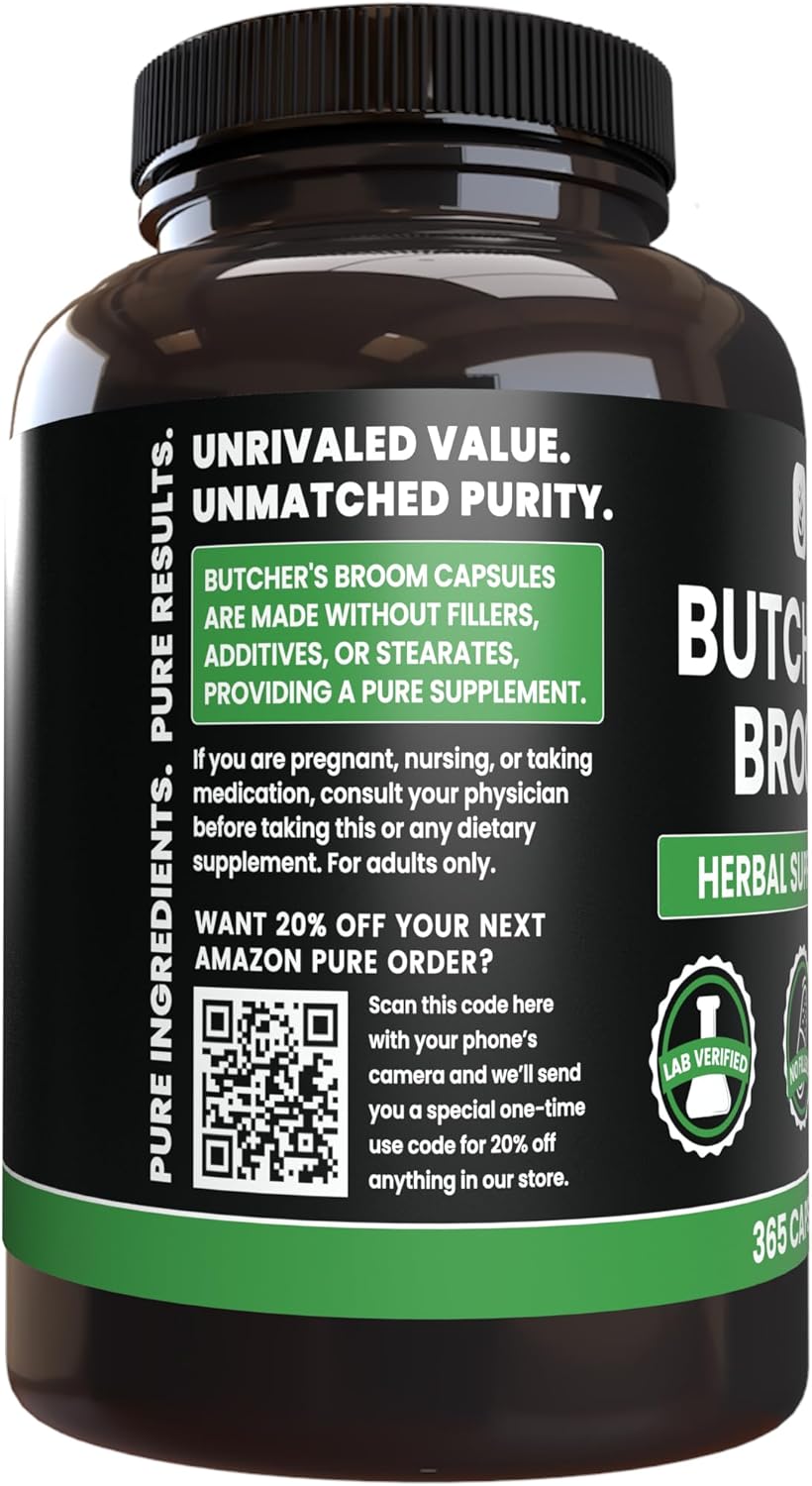 365 Pure Original Butcher's Broom Capsules - No Magnesium or Rice Fillers - Lab Verified Quality