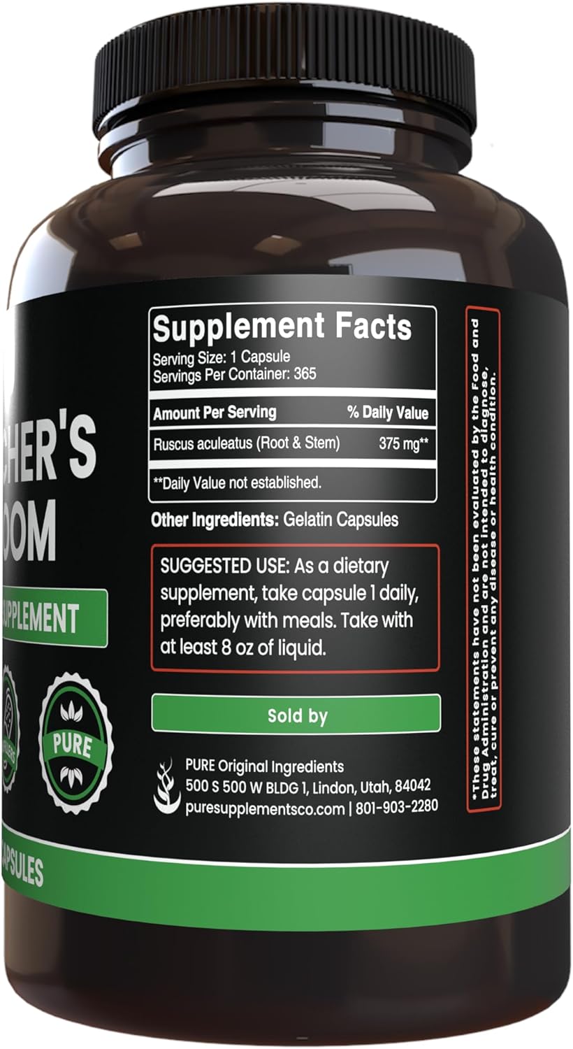 365 Pure Original Butcher's Broom Capsules - No Magnesium or Rice Fillers - Lab Verified Quality