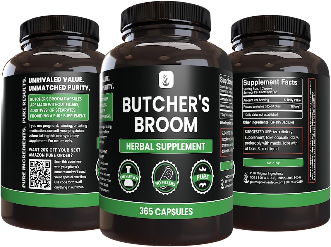 365 Pure Original Butcher's Broom Capsules - No Magnesium or Rice Fillers - Lab Verified Quality