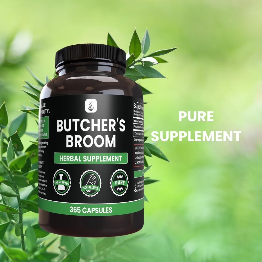 365 Pure Original Butcher's Broom Capsules - No Magnesium or Rice Fillers - Lab Verified Quality