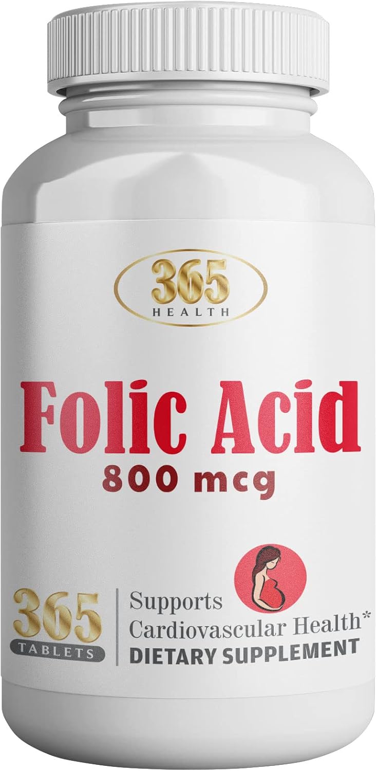 365 Tablets Health Folic Acid 800mcg - Essential Vitamin B9 for Cardiovascular Support, Prenatal & Postnatal Health - Non-GMO, Vegan Formula