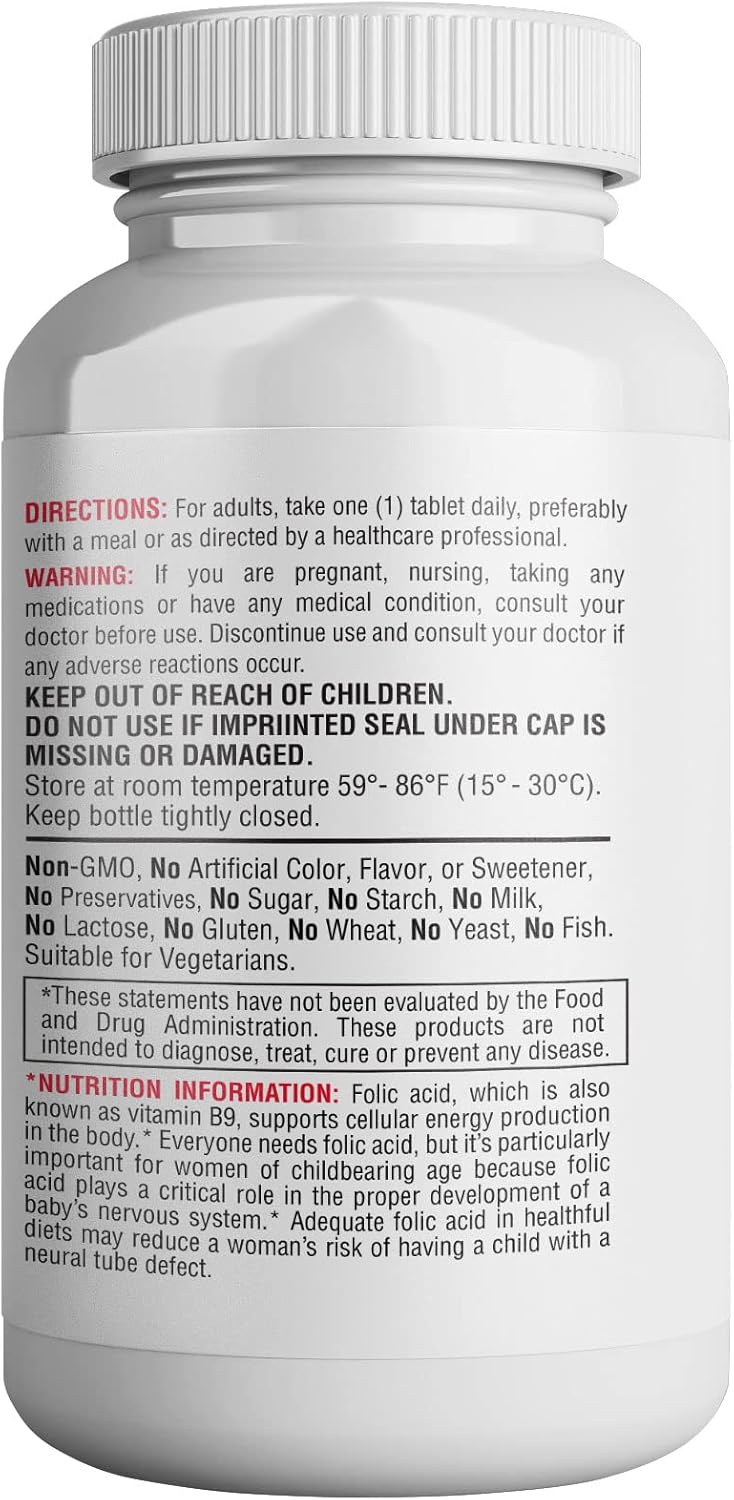 365 Tablets Health Folic Acid 800mcg - Essential Vitamin B9 for Cardiovascular Support, Prenatal & Postnatal Health - Non-GMO, Vegan Formula