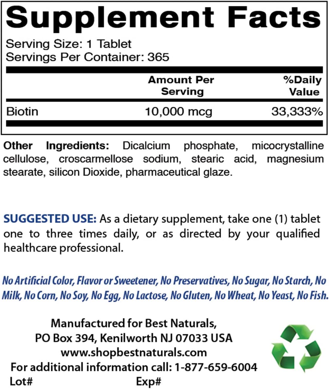 365 Tablets of Best Naturals Biotin 10,000 mcg (Vitamin B7) - Pack of 2