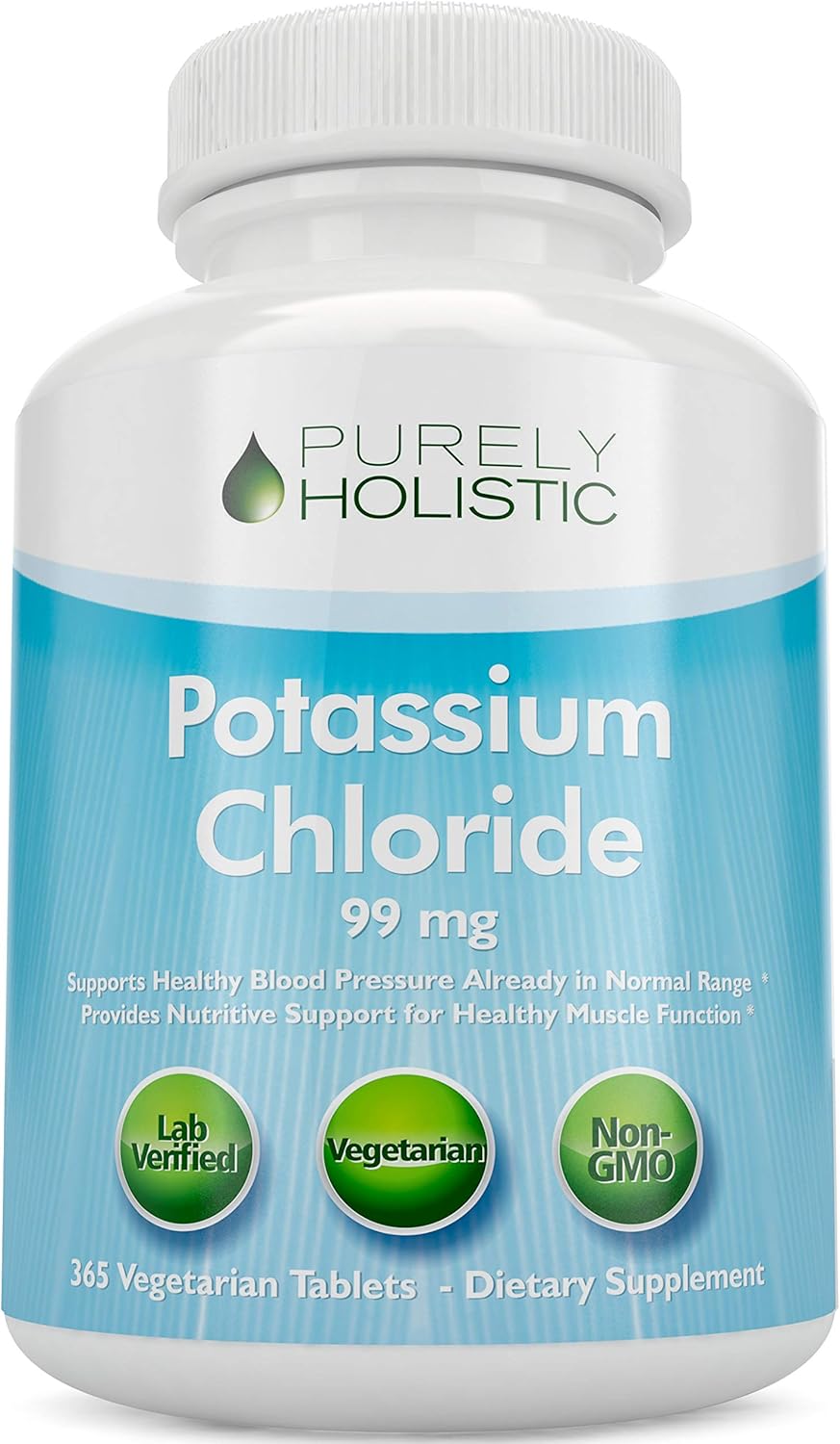 365 Tablets of Potassium Chloride Supplement - 1 Year Supply for Healthy Blood Pressure & Muscle Function - 99mg Vegetarian Tablets - Non GMO Formula