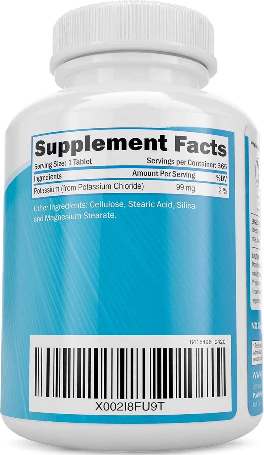 365 Tablets of Potassium Chloride Supplement - 1 Year Supply for Healthy Blood Pressure & Muscle Function - 99mg Vegetarian Tablets - Non GMO Formula