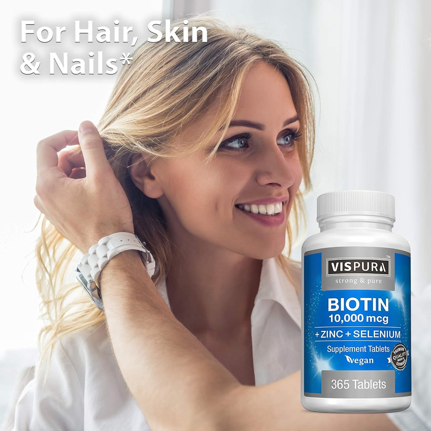 365 Tablets VISPURA Biotin 10000 mcg + Zinc + Selenium for Hair Growth, Skin & Nails - Pure Vegan Supplement, Extra Strong Formula without Additives, 1 Year Supply