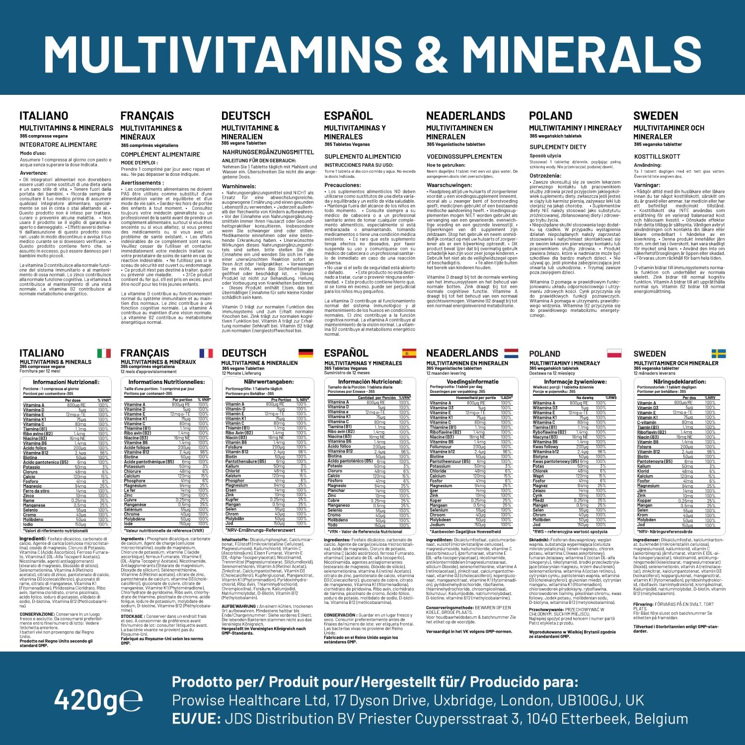 365 Vegan Multivitamin & Mineral Tablets | 1 Year Supply | 26 Essential Nutrients | Made in UK | Prowise Healthcare