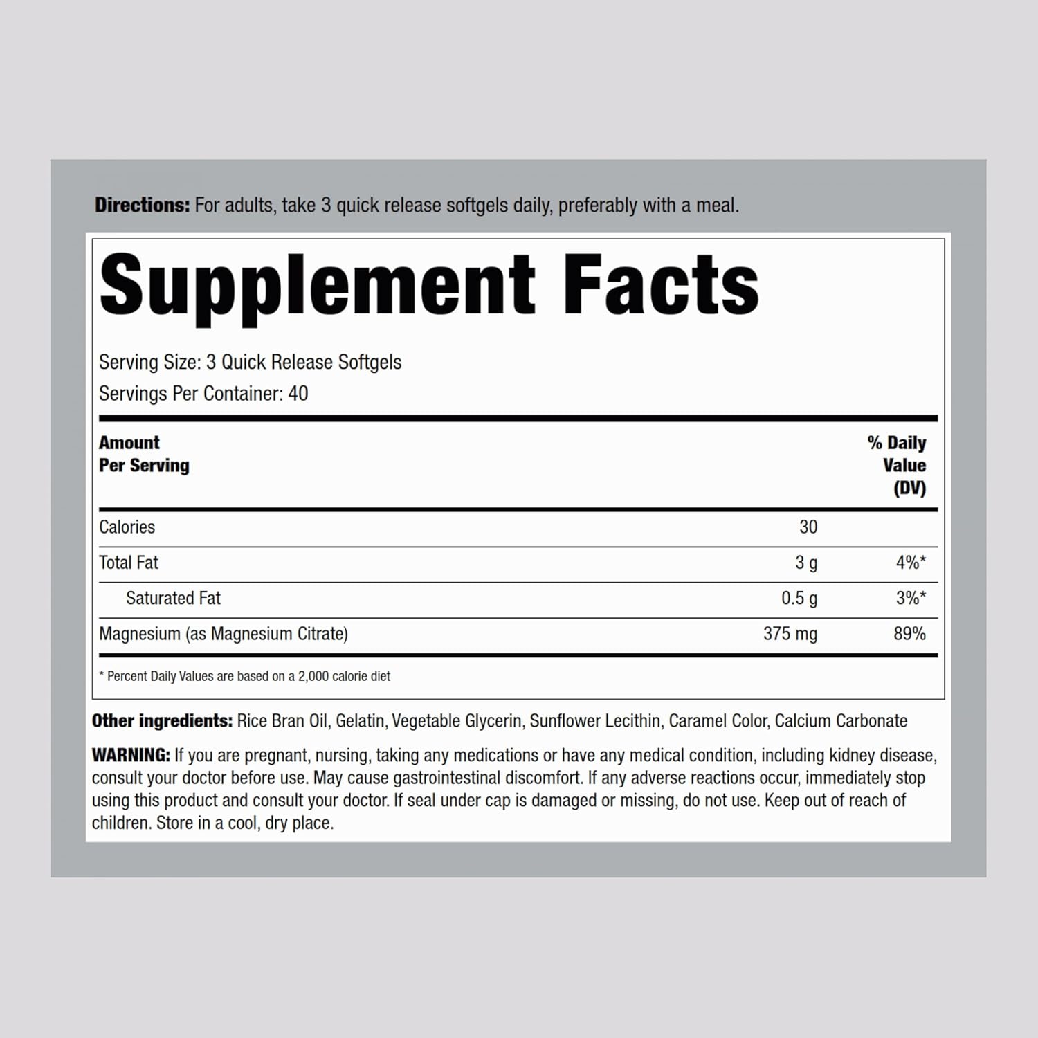 375 mg Magnesium Citrate Softgels for High Absorption - Non-GMO & Gluten Free - 120 Count