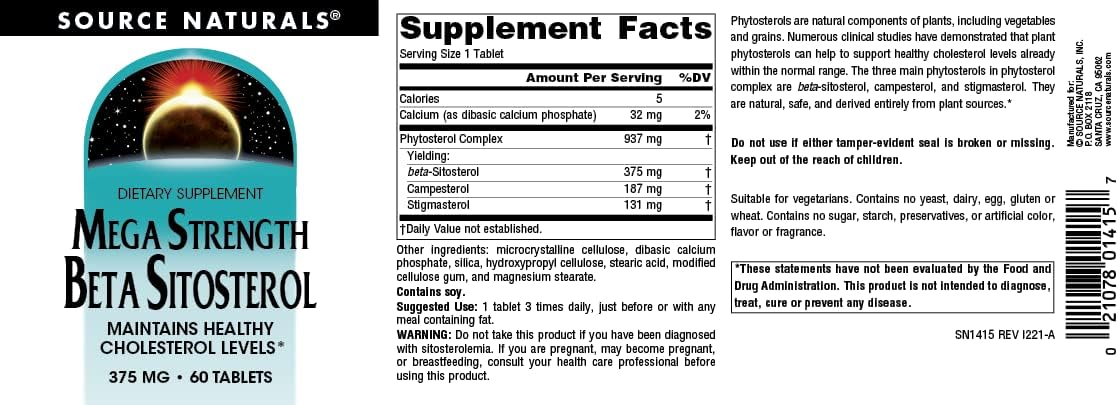 375mg Beta Sitosterol Supplement - Mega Strength - 60 Tablets by Source Naturals