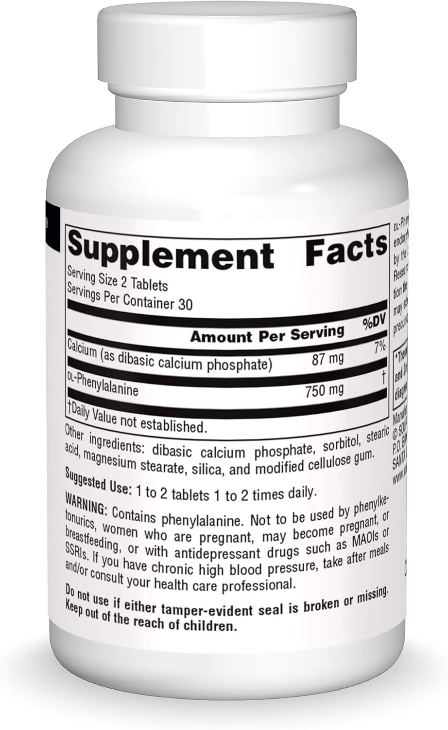 375mg DLPA DL-Phenylalanine Supplement for Alertness - 60 Tablets by Source Naturals