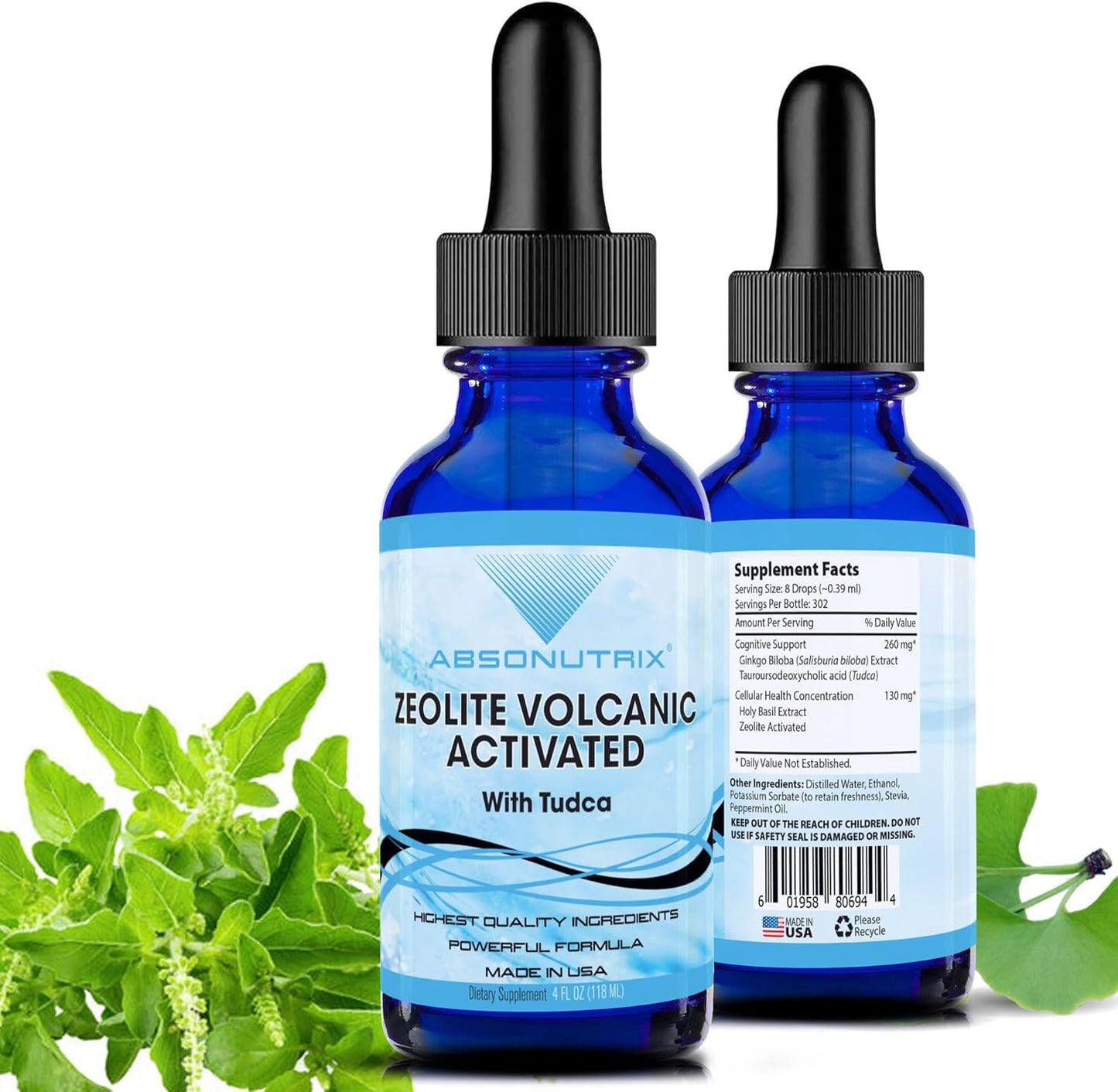 390 mg Absonutrix Zeolite Volcanic Activated with Tudca Liquid Supplement - 4 Oz, 302 Servings - Made in USA, Non-GMO, GMP Certified