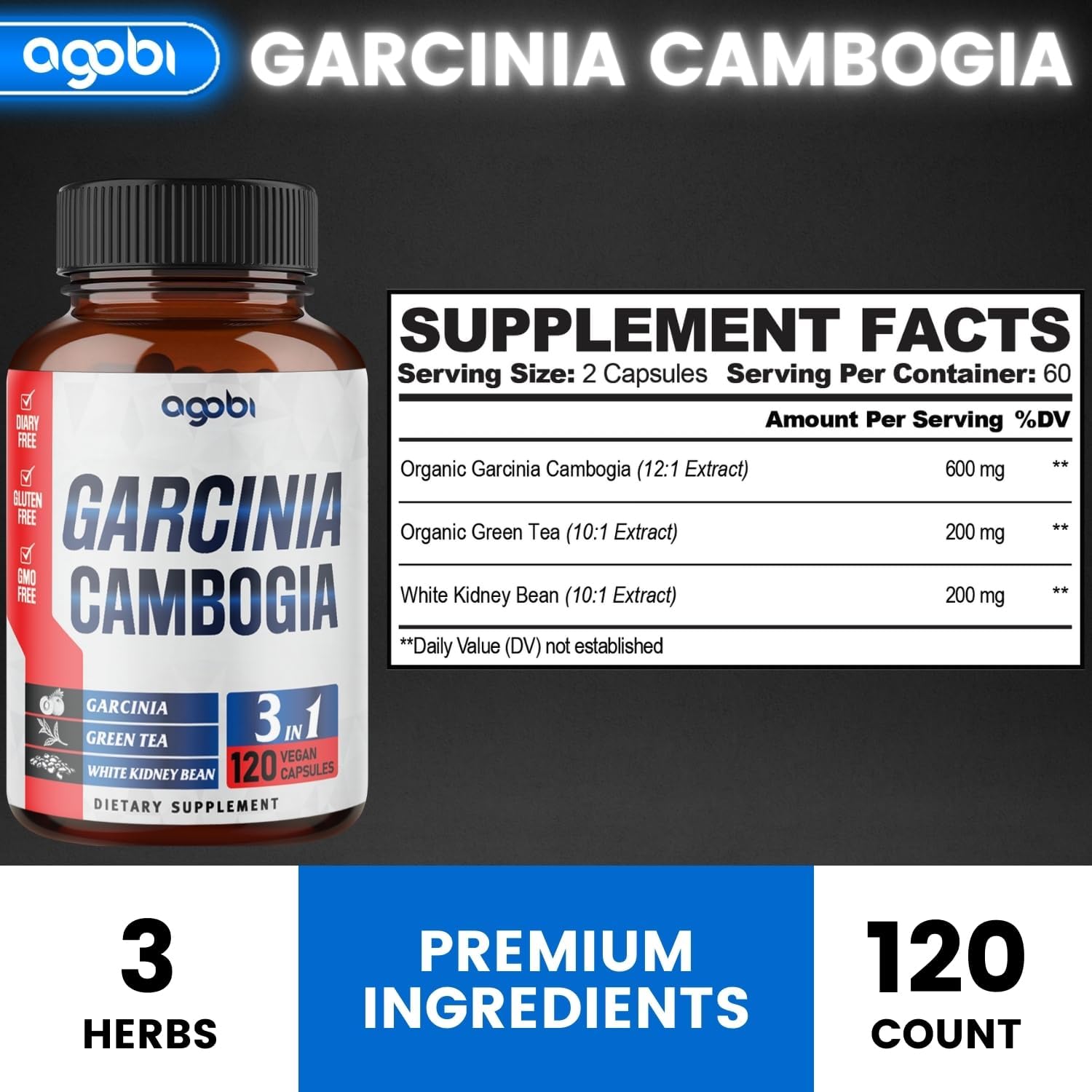 3in1 Garcinia Cambogia Herbal Supplement Capsules - 11200mg Blend with Green Tea & White Kidney Bean for Immune Support - 120 Vegan Capsules - 2 Month Supply
