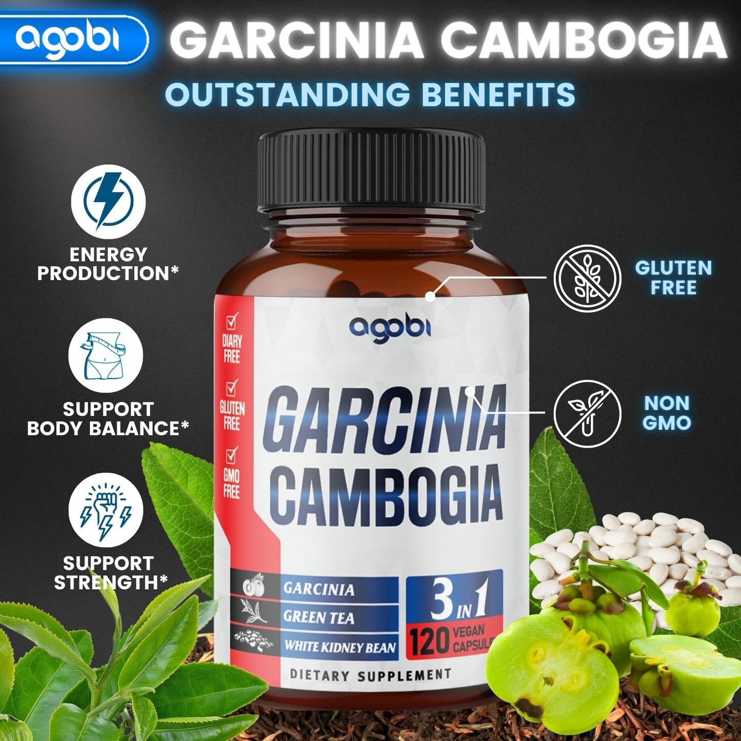 3in1 Garcinia Cambogia Herbal Supplement Capsules - 11200mg Blend with Green Tea & White Kidney Bean for Immune Support - 120 Vegan Capsules - 2 Month Supply