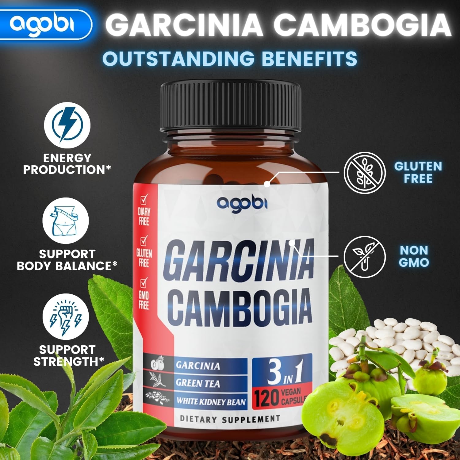3in1 Garcinia Cambogia Herbal Supplement Capsules - 11200mg Blend with Green Tea & White Kidney Bean for Immune Support - 120 Vegan Capsules - 2 Month Supply