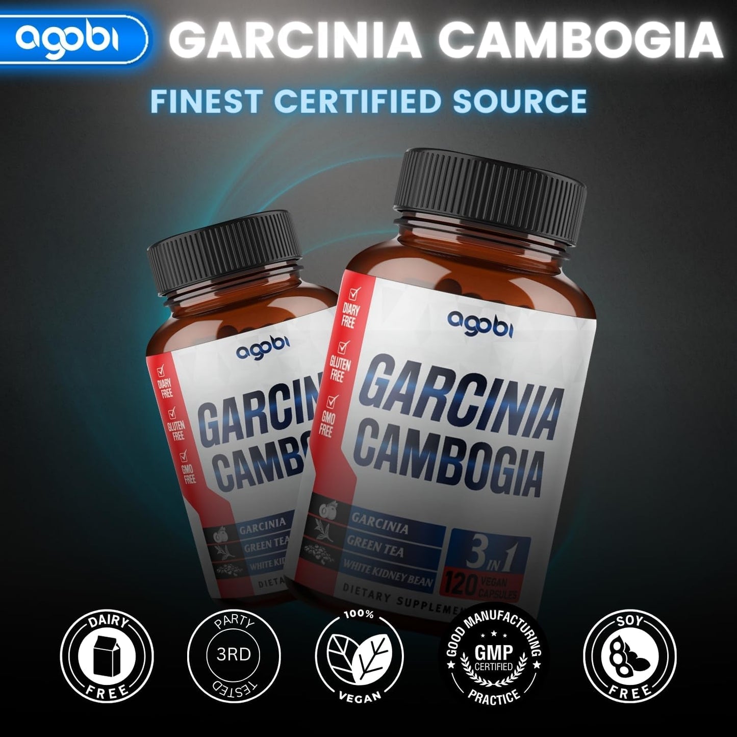 3in1 Garcinia Cambogia Herbal Supplement Capsules - 11200mg Blend with Green Tea & White Kidney Bean for Immune Support - 120 Vegan Capsules - 2 Month Supply