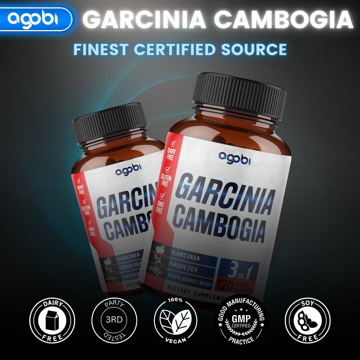 3in1 Garcinia Cambogia Herbal Supplement Capsules - 11200mg Blend with Green Tea & White Kidney Bean for Immune Support - 120 Vegan Capsules - 2 Month Supply