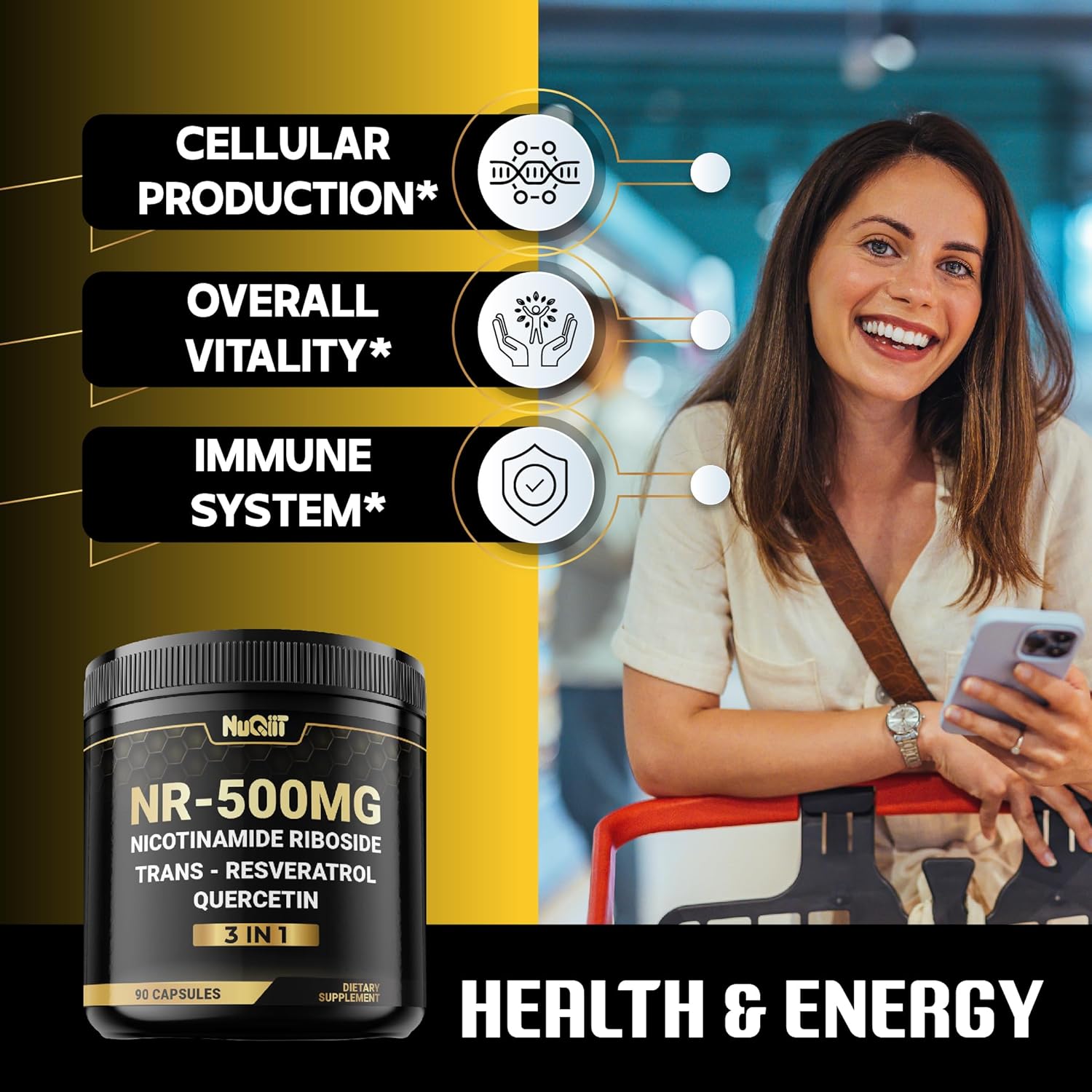 3in1 NAD+ Supplement with NR, Resveratrol, Quercetin - Cellular Energy & Repair - Healthy Aging & Vitality - 90 Count