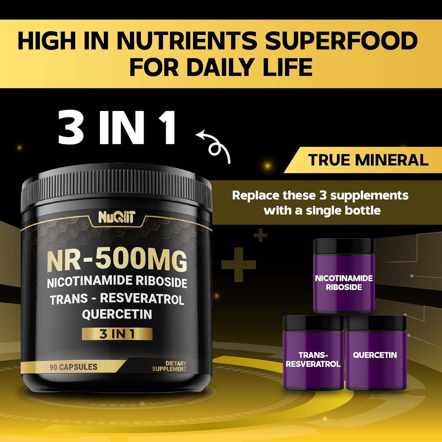 3in1 NAD+ Supplement with NR, Resveratrol, Quercetin - Cellular Energy & Repair - Healthy Aging & Vitality - 90 Count
