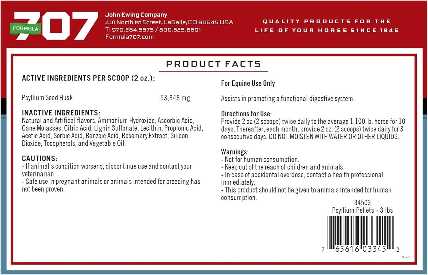 3lb Jar of Formula 707 Psyllium Pellets Equine Supplement - 12 Days Supply