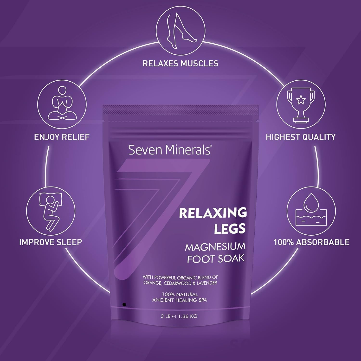 3lb Seven Minerals Magnesium Chloride Flakes for Relaxing Legs - Better Absorption Than Epsom Salt - Foot Soak for Tired Legs and Cramps - Orange, Cedarwood, Lavender Formula