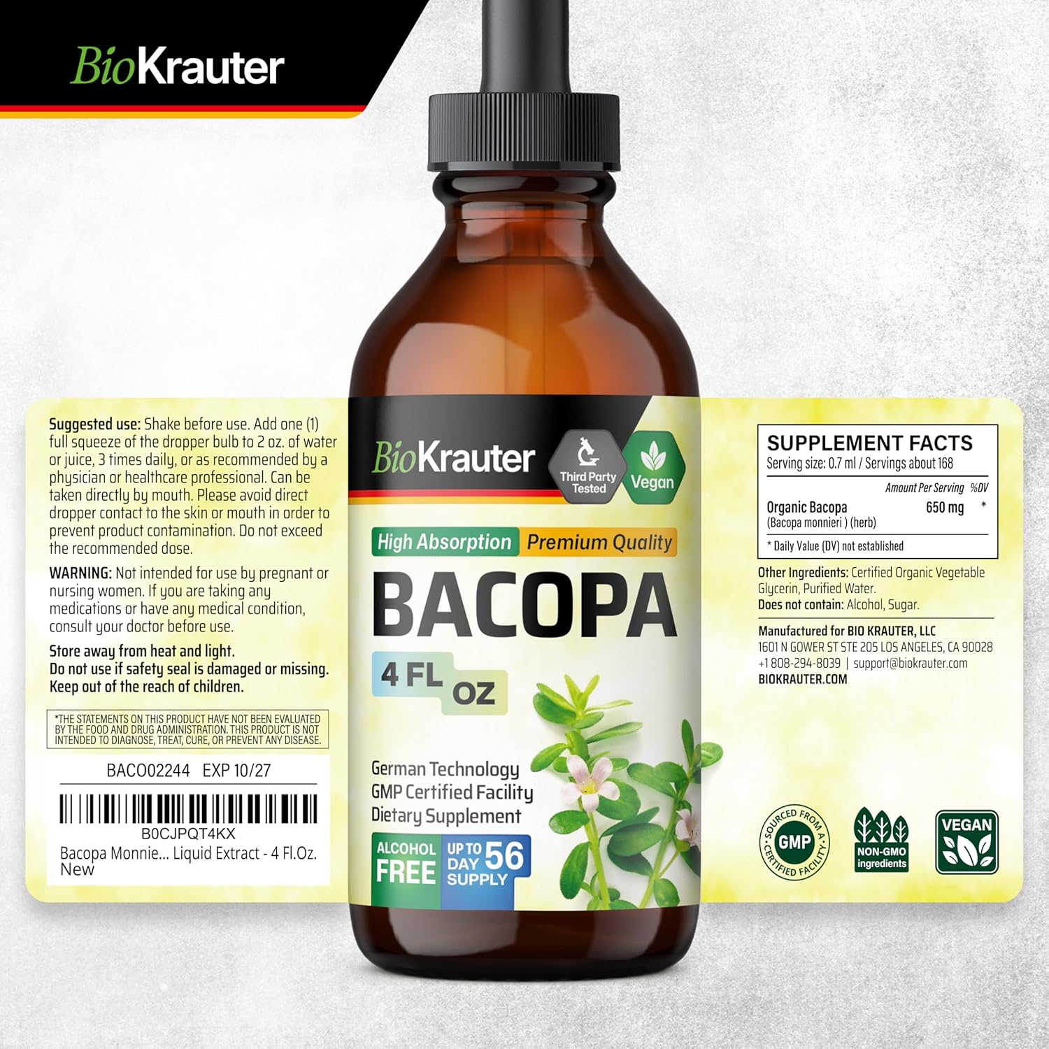 4 Fl. Oz. Bacopa and Ginkgo Biloba Tincture Combo for Cognitive Health by BIO KRAUTER
