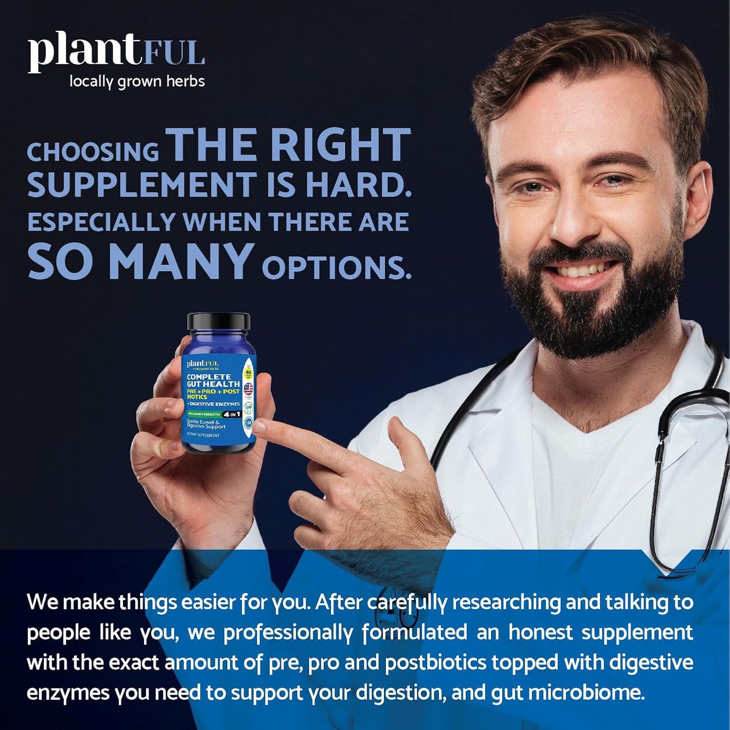 4-in-1 Plantful Research Pre Post Probiotics & Digestive Enzymes - Gut Health Support for Women & Men - Gas & Bloating Relief - 60 Non GMO Capsules