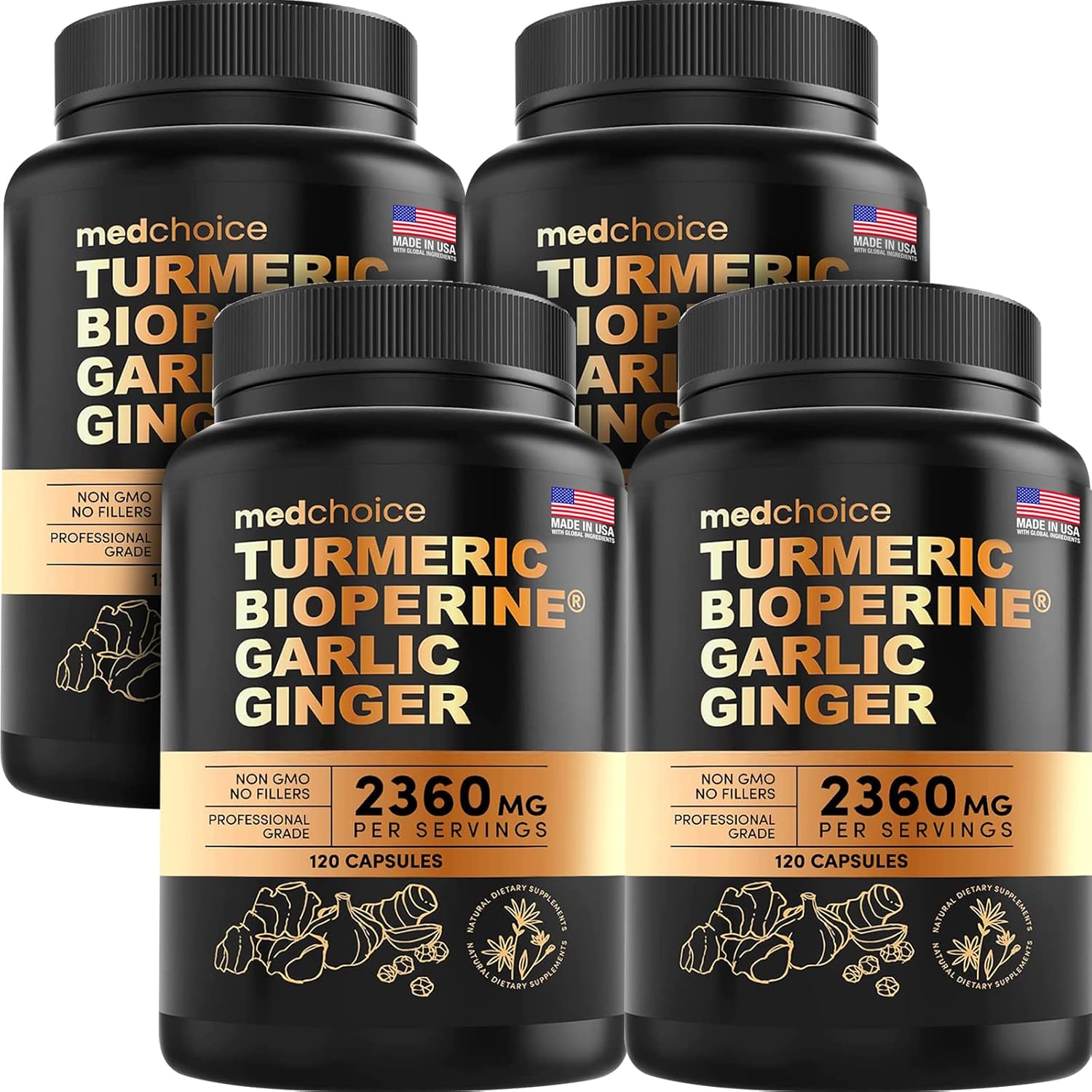 4-in-1 Turmeric Ginger Root Capsules with Garlic - Joint, Digestion & Immune Support - 480 ct x 4 Pack