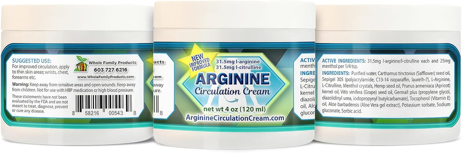 4 oz Arginine Circulation Cream with Menthol, L Arginine & L Citrulline - Promotes Healthy Blood Flow for Legs & Body - Whole Family Products