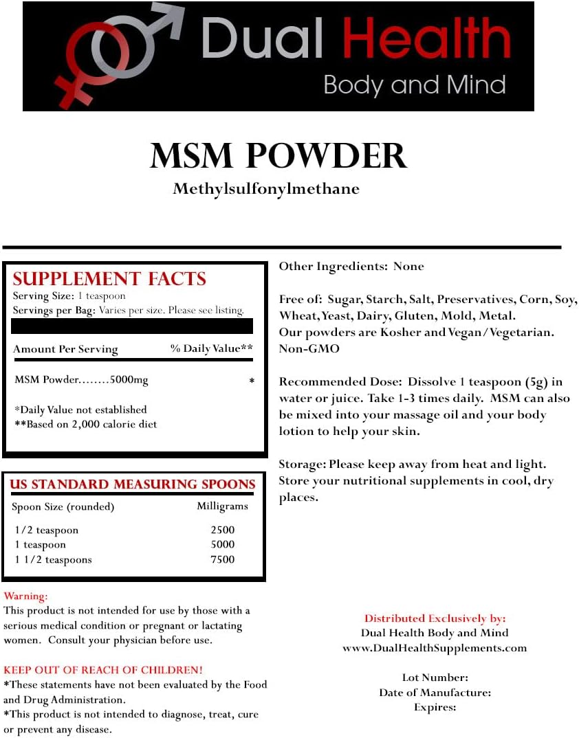 4 oz Dual Health Body & Mind MSM Powder - Pure Methylsulfonylmethane Crystals - Plant Sourced Sulfur for Fast Absorption - Vegan & GMO-Free