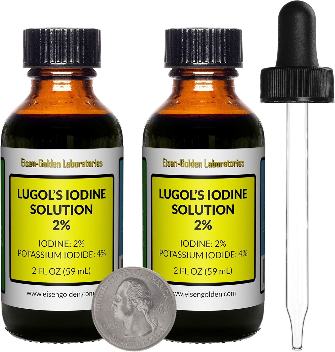 4 Oz Lugol's Iodine Solution - 2% Concentration - Two Amber Glass Bottles - Free Droppers - Made in USA