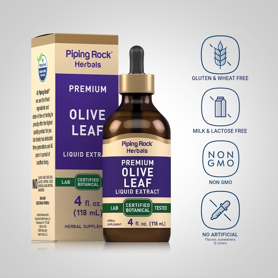 4 oz Piping Rock Olive Leaf Extract Liquid Drops - Alcohol-Free Tincture, Vegetarian, Non-GMO, Gluten-Free