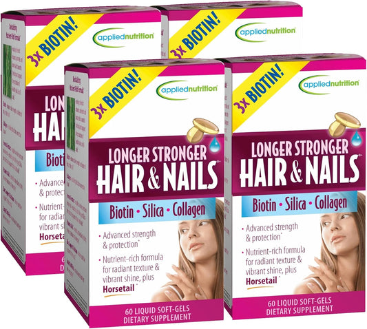4-Pack Applied Nutrition Longer Stronger Hair & Nails Liquid Soft-Gels with Biotin, Silica & Collagen - 30 Servings Each