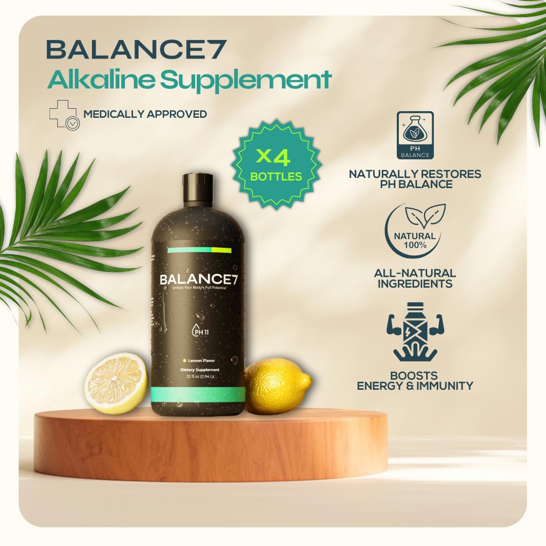 4-Pack Balance 7 Alkaline Concentrate - 11+ pH Alkalizer & Booster - Drinking Water Enhancer (4 x 32 fl oz)