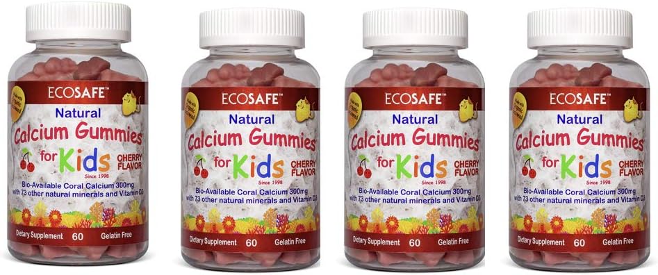 4 Pack ECO SAFE Coral Calcium Vitamin D3 Kids Gummy with Natural Cherry Flavor - Non GMO, Gluten-Free, Dairy-Free, Soy-Free - 300 mg Calcium, 800 IU Vitamin D3 - 60 Gummies