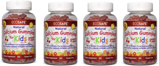 4 Pack ECO SAFE Coral Calcium Vitamin D3 Kids Gummy with Natural Cherry Flavor - Non GMO, Gluten-Free, Dairy-Free, Soy-Free - 300 mg Calcium, 800 IU Vitamin D3 - 60 Gummies