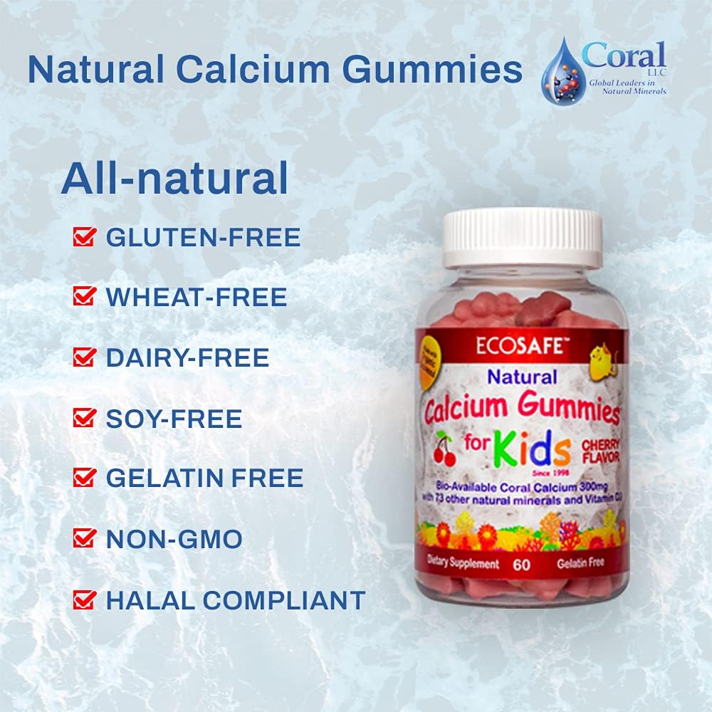 4 Pack ECO SAFE Coral Calcium Vitamin D3 Kids Gummy with Natural Cherry Flavor - Non GMO, Gluten-Free, Dairy-Free, Soy-Free - 300 mg Calcium, 800 IU Vitamin D3 - 60 Gummies