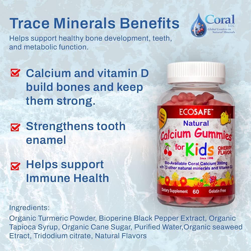 4 Pack ECO SAFE Coral Calcium Vitamin D3 Kids Gummy with Natural Cherry Flavor - Non GMO, Gluten-Free, Dairy-Free, Soy-Free - 300 mg Calcium, 800 IU Vitamin D3 - 60 Gummies