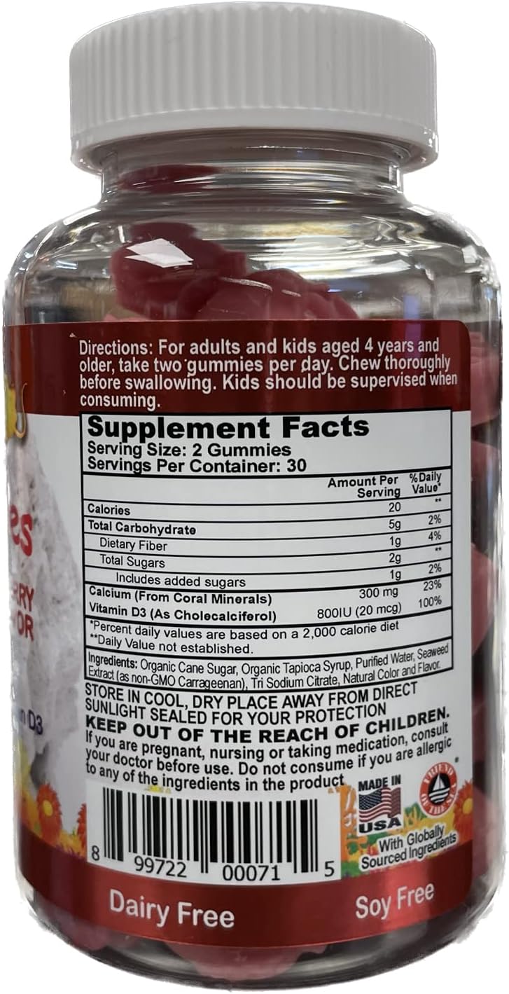 4 Pack ECO SAFE Coral Calcium Vitamin D3 Kids Gummy with Natural Cherry Flavor - Non GMO, Gluten-Free, Dairy-Free, Soy-Free - 300 mg Calcium, 800 IU Vitamin D3 - 60 Gummies