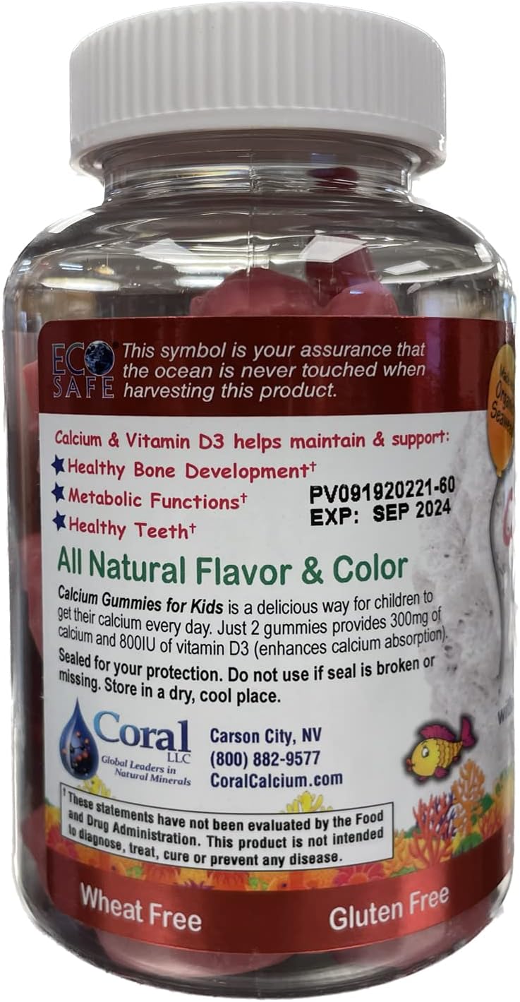 4 Pack ECO SAFE Coral Calcium Vitamin D3 Kids Gummy with Natural Cherry Flavor - Non GMO, Gluten-Free, Dairy-Free, Soy-Free - 300 mg Calcium, 800 IU Vitamin D3 - 60 Gummies