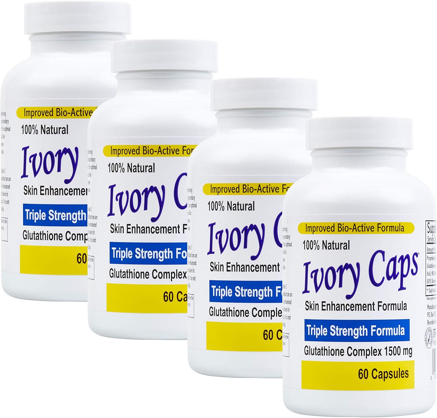 4-Pack Ivory Caps Maximum Potency 1500 mg Glutathione Skin Whitening Complex