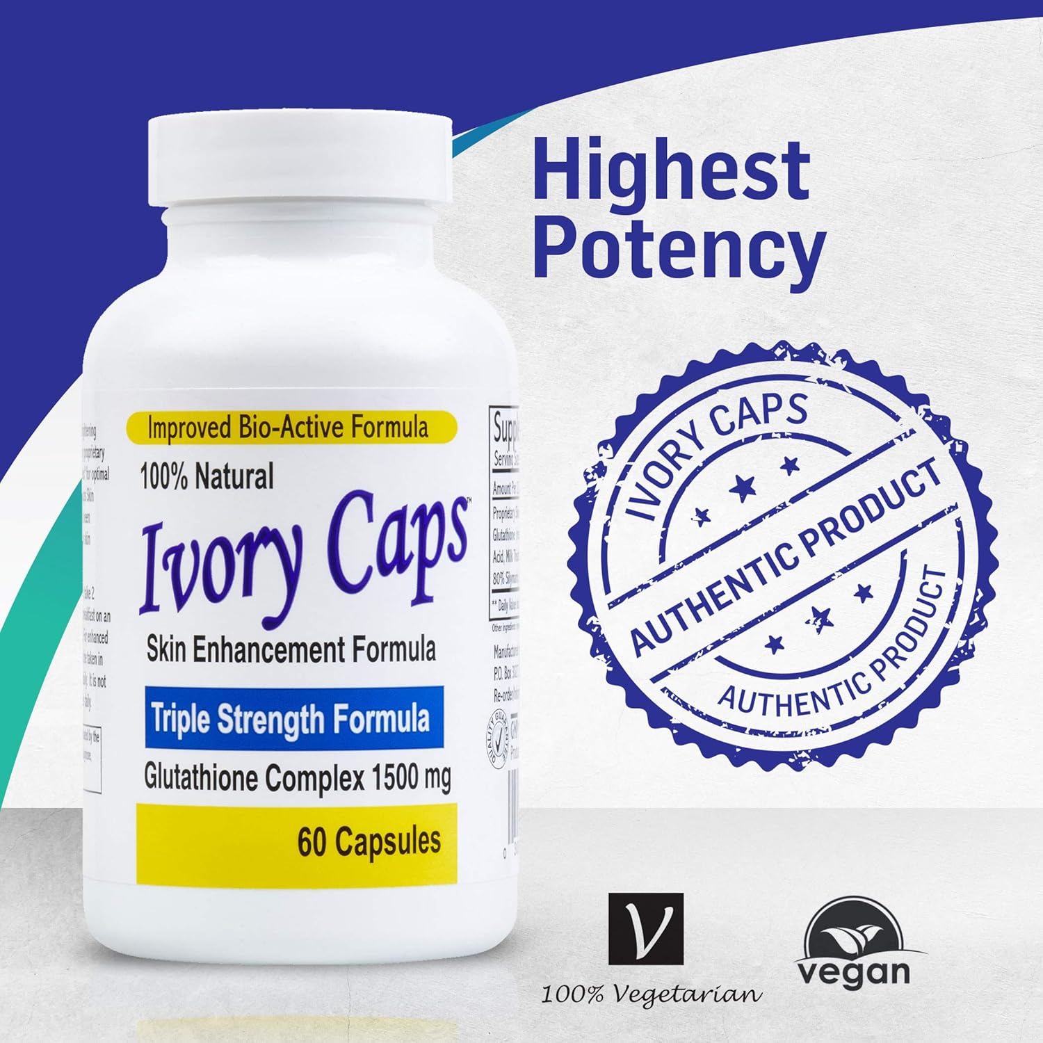 4-Pack Ivory Caps Maximum Potency 1500 mg Glutathione Skin Whitening Complex