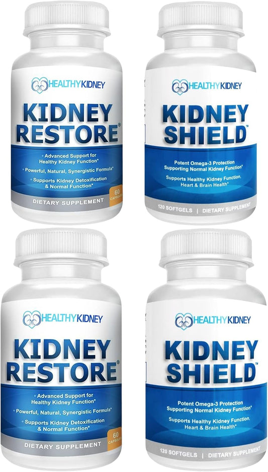 4-Pack Kidney Restore & Shield Bundle - Natural Support for Kidney Cleanse, Detox, Repair - Comprehensive Supplement for Renal Health & Function