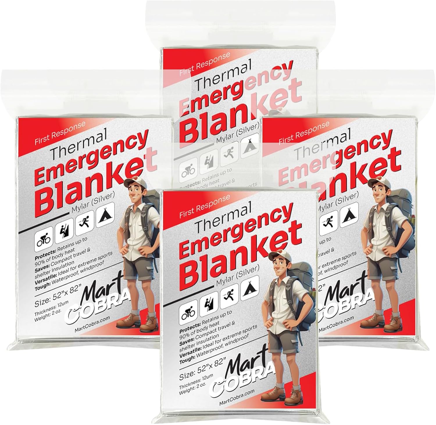 4-Pack Mart Cobra Emergency Blankets: Reusable Thermal Space Mylar Blankets for Camping, Car Emergency Kit, First Aid, Survival Gear, Prepper Bug Out Bag - Stay Warm in Cold Winter Snow!