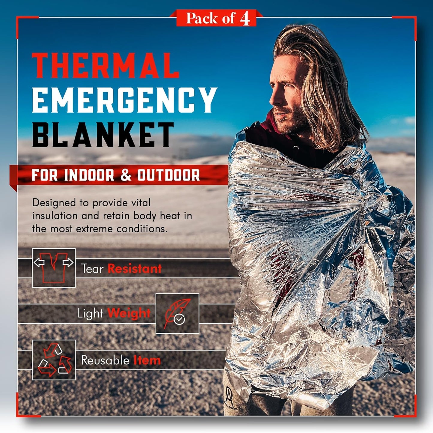 4-Pack Mart Cobra Emergency Blankets: Reusable Thermal Space Mylar Blankets for Camping, Car Emergency Kit, First Aid, Survival Gear, Prepper Bug Out Bag - Stay Warm in Cold Winter Snow!
