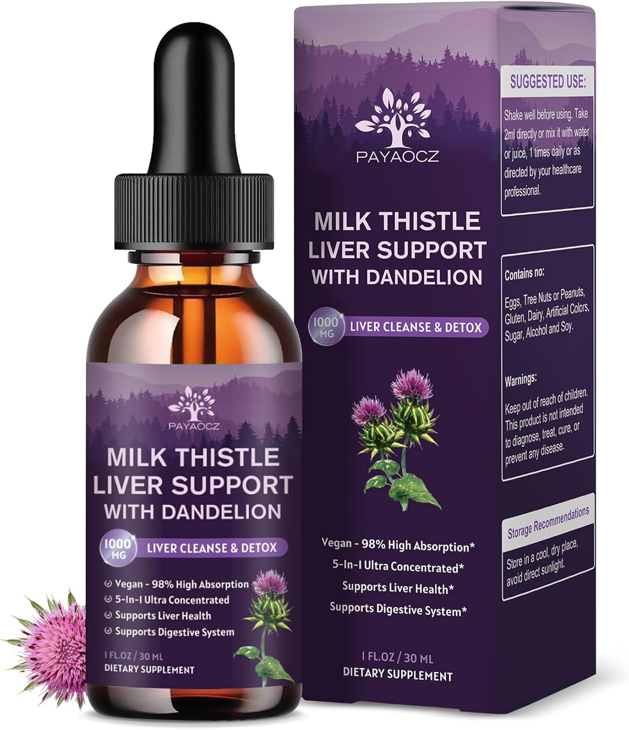 4 Pack Milk Thistle Liquid Drops Silymarin 1000mg Liver Detox Cleanse Organic Extract Repair Health Vegan Non-GMO